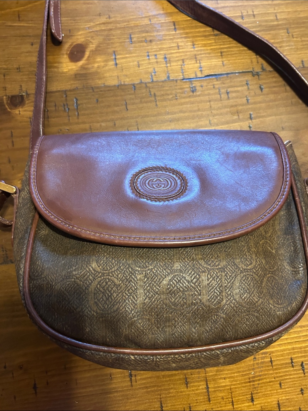 Gucci Brown Monogram Leather-Trim Crossbody Bag